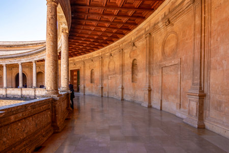 Round courtyard of Palace of Charles V in Alhambra complex, Granada, Spainの写真素材