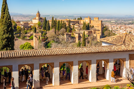 Granada, Spain - 30  March 2025: View of Alhambra palace and gardens seen from Generalifeの写真素材