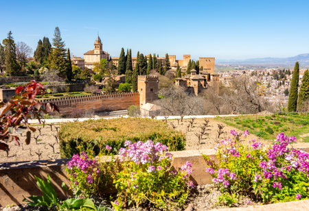 Panorama of Alhambra palace and gardens seen from Generalife, Granada, Spainの写真素材