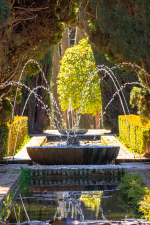Fountains in Generalife gardens at Alhambra, Granada, Spainの写真素材