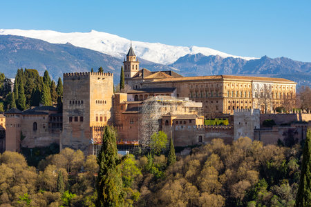 Alhambra palace and gardens at sunset, Granada, Spainの写真素材