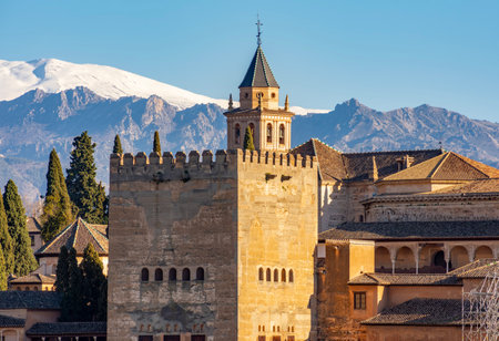 Alhambra complex with Sierra Nevada mountains at background, Granada, Spainの写真素材