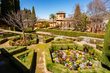 Ladies tower of Alhambra palace and gardens of Partal, Granada, Spainの写真素材