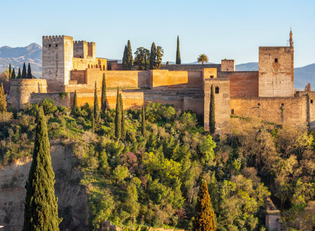 Alcazaba fortress of Alhambra complex at sunset, Granada, Spainの写真素材