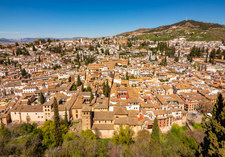 Granada cityscape with Albaicin district seen from Alhambra gardens, Spain