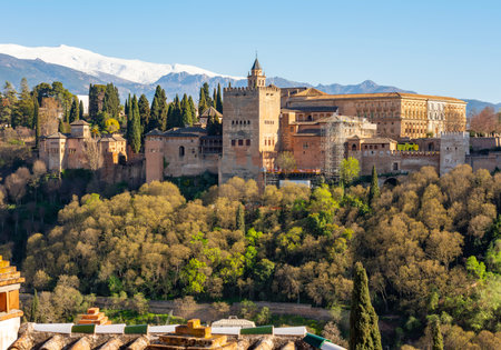 Alhambra palace and gardens at sunset, Granada, Spainの写真素材