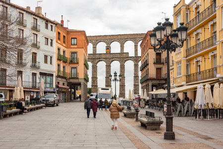 Segovia, Spain - 26 March 2025: Streets of Segovia old town near ancient aqueductの写真素材