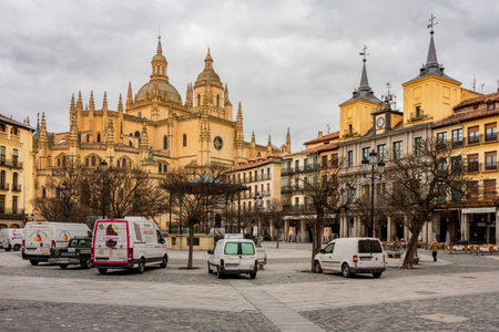 Segovia, Spain - 26 March 2025: City Hall and Gothic cathedral on Plaza Mayor square in Segoviaの写真素材