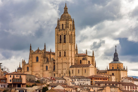 Segovia gothic cathedral over old town, Spainの写真素材
