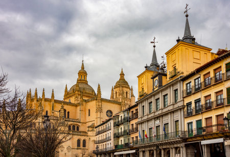 City Hall and Gothic cathedral on Plaza Mayor square in Segovia, Spainの写真素材