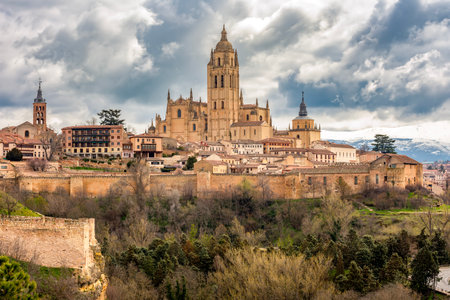 Segovia cityscape with Gothic cathedral over old town, Spainの写真素材