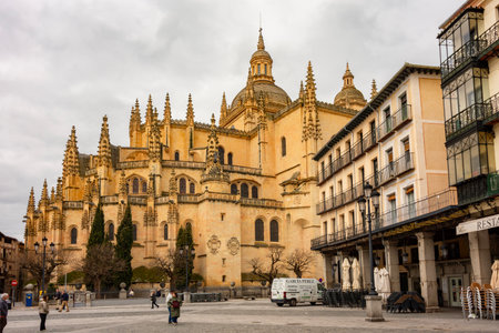 Segovia, Spain - 26 March 2025: Gothic cathedral on Plaza Mayor square in Segoviaの写真素材