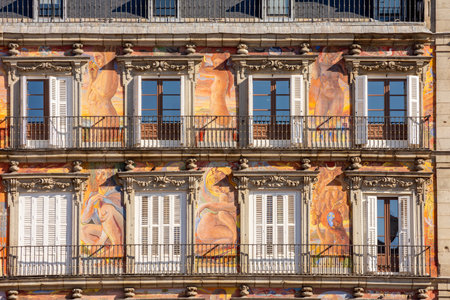 Casa de la Panaderia (Bakery House) decorations on Plaza Mayor (Main square) in Madrid, Spainの写真素材