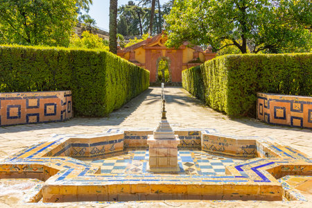 Fountain in Dance garden of Seville Alcazar, Spainの写真素材