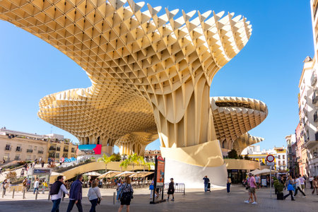 Seville, Spain - 29 March 2025: Setas de Sevilla (Mushrooms of Seville) or Metropol Parasol wood structure in Seville old quarterの写真素材