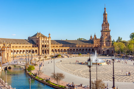 Seville, Spain - 28 March 2025: Panorama of Spain square in Maria Luisa park