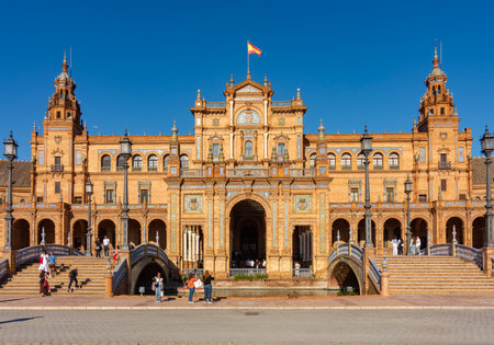 Seville, Spain - 28 March 2025: Architecture of Spain square in Maria Luisa parkの写真素材