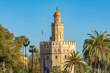 Tower of Gold (Torre del Oro) on Guadalquivir river embankment, Seville, Spainの写真素材