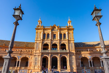 Seville, Spain - 28 March 2025: Architecture of Spain square in Maria Luisa parkの写真素材