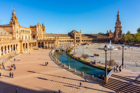 Seville, Spain - 28 March 2025: Panorama of Spain square in Maria Luisa park