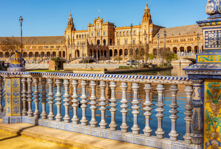 Architecture and canals of Spain square in Seville, Spainの写真素材