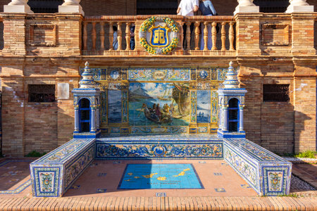 Decorated bench with Canary islands on Spain square in Seville, Spainの写真素材