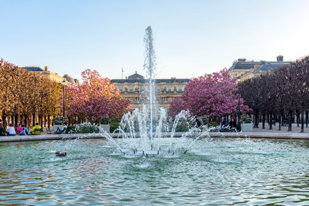 Paris, France - 31 March 2025: Fountain in Palais Royal garden in springの写真素材