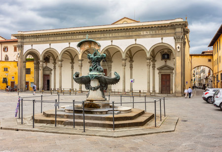 Florence, Italy - 02 October 2025: Fontana dei mostri marini (Sea monster fountain) on Piazza della Santissima Annunziata (Square of Most Holy Annunciation)の写真素材