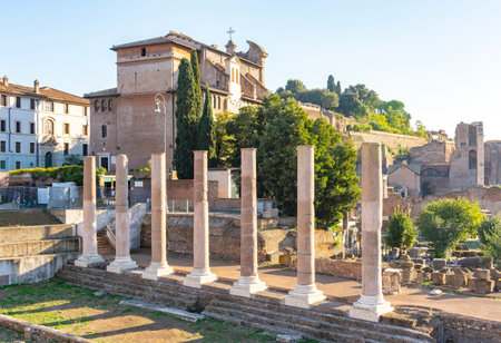 Temple of Antoninus and Faustina (Tempio di Antonino e Faustina) and ruins of Roman Forum, Rome, Italyの写真素材