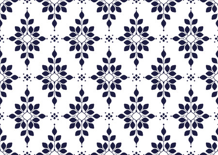 Symbol dark blue flowers and leaves on white background, ethnic fabric seamless pattern design for cloth carpet batik, wallpaper wrapping etc.のイラスト素材