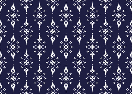 geometric and white symbol flowers form on dark blue background, ethnic fabric seamless pattern design for cloth, carpet, batik, wallpaper, wrapping etc.のイラスト素材