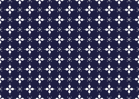 White symbol flowers form on dark blue background, ethnic fabric seamless pattern design for cloth, carpet, batik, wallpaper, wrapping etc.のイラスト素材