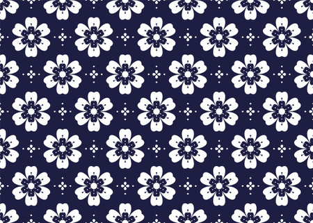White symbol flowers on dark blue background, ethnic fabric seamless pattern design for cloth, carpet, batik, wallpaper, wrapping etc.のイラスト素材