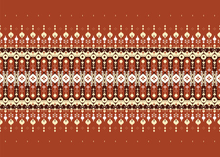 geometric design on deep red background, ethnic fabric seamless pattern design for cloth, carpet, batik, wallpaper, wrapping etc.のイラスト素材