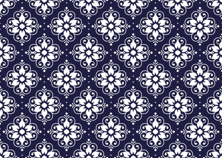 White symbol floral on dark blue background, ethnic fabric seamless pattern design for cloth, carpet, batik, wallpaper, wrapping etc.のイラスト素材