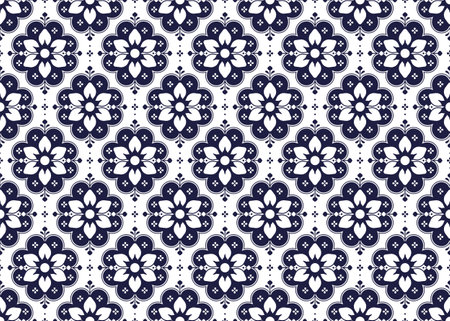 dark blue symbol floral on White background, ethnic fabric seamless pattern design for cloth, batik,...