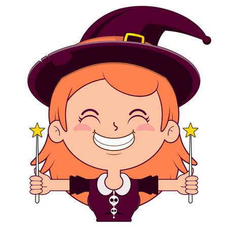 witch holding magic wand playful face cartoon cuteのイラスト素材