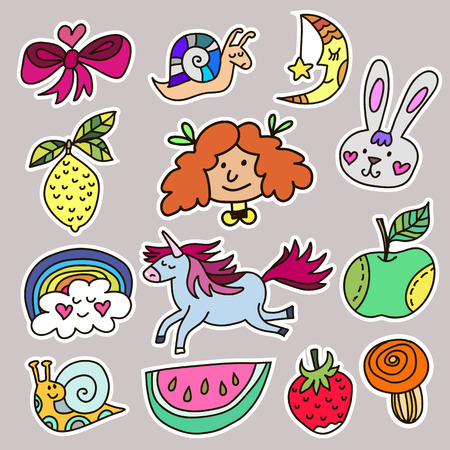 Set of summer icons, stickers and design elements in cartoon style. Vector illustration.のイラスト素材