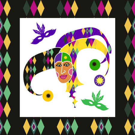 Beautiful decorative template poster for carnival design. Festive multicolor background. Perfect for carnival backgrounds, banner, card, invitation Vector illustration.のイラスト素材