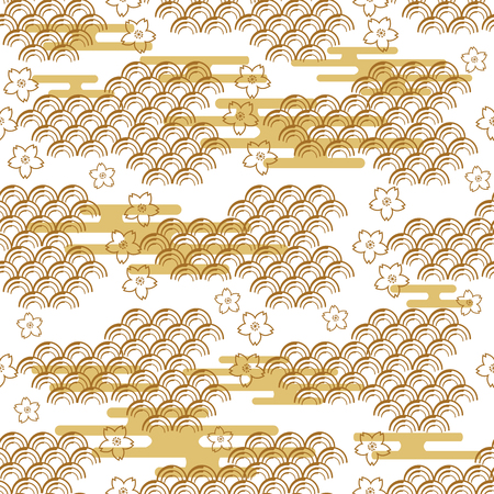 Beautiful japanese seamless  pattern with asian elements and flowers. Vector unique seamless asian texture.For printing on packaging, textiles, paper,  manufacturing, wallpapers,bags, scrapbooking.のイラスト素材