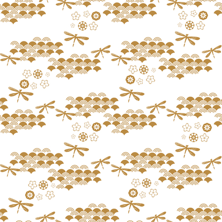 Beautiful japanese seamless  pattern with dragonfiles. Vector unique seamless asian texture.For printing on packaging, textiles, paper, manufacturing, wallpapers,bags, scrapbooking.のイラスト素材