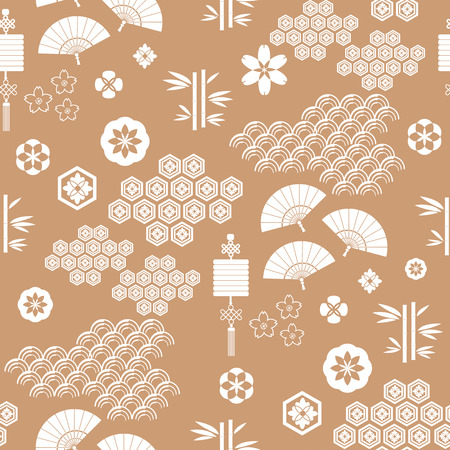 Beautiful seamless pattern with fans, lanterns, Asian elements and flowers.のイラスト素材