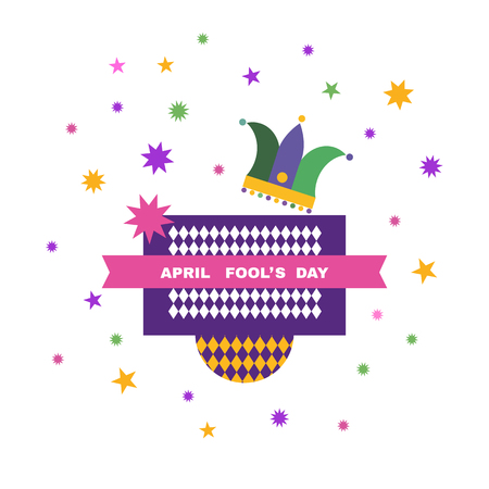 Illustration of April Fools Day, festive calligraphy background with jester hat illustration.のイラスト素材