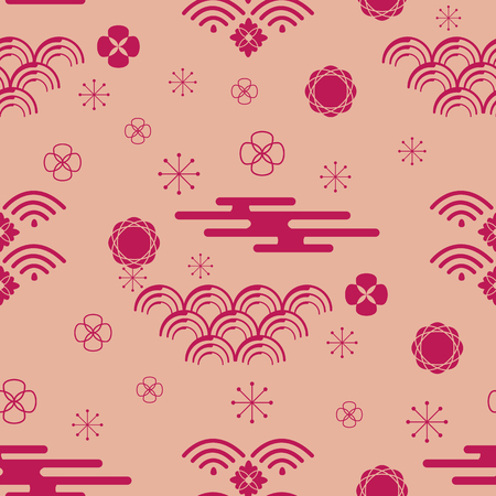 Decorative seaamless  pattern with clouds,flowers,japanese elements and bamboo tree. Vector seamless asian texture.For printing on packaging, textiles, paper and other materials.のイラスト素材
