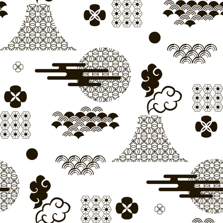 Decorative seaamless  pattern with clouds,flowers,japanese elements and bamboo tree. Vector seamless asian texture.For printing on packaging, textiles, paper and other materials.のイラスト素材