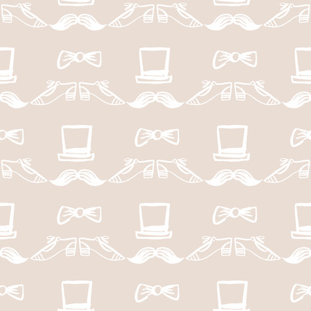 Decorative seamless pattern with mustaches, shoes and cylinder. Hand drawn Vector illustration.のイラスト素材