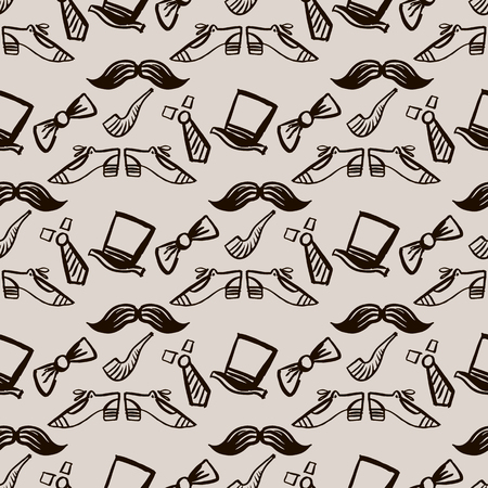 Decorative seamless pattern with mustaches, shoes and cylinder. Hand drawn Vector illustration.のイラスト素材
