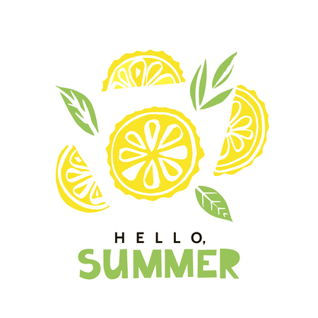 Hello summer lemon icon. Cute fruit and inscription for t-shirts, posters, cards vector illustration.のイラスト素材