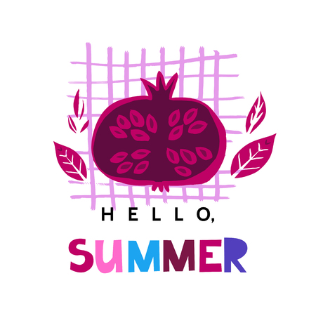 Hello summer doodle pomegranate. Cute fruit and inscription for t-shirts, posters, cards vector illustration.のイラスト素材