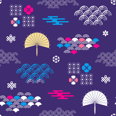 Decorative seamless tribal  pattern with clouds, waves, japanese , chinese elements. Vector seamless asian texture.For printing on packaging, textiles, paper,book covers, manufacturing, wallpapers, print, gift wrap and scrapbooking.のイラスト素材